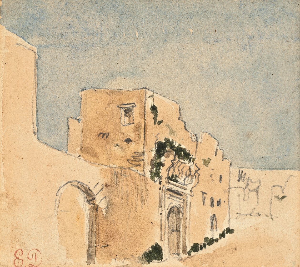 En marokkansk bygning (blyant og akvarel på papir) af Ferdinand Victor Eugene Delacroix