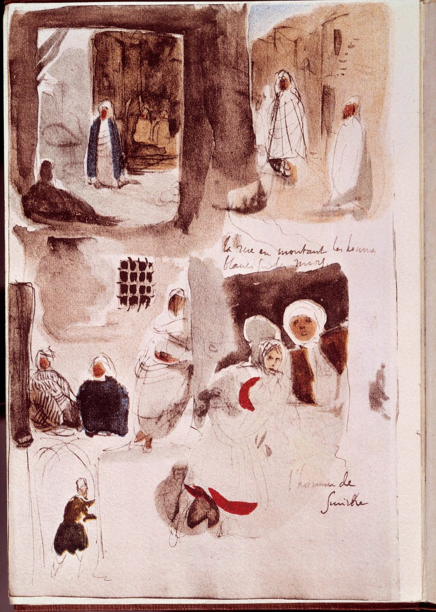 Album fra Nordafrika og Spanien: Gader, vægge og butikker med figurer stående eller siddende inklusive Smirnes mand. Akvarel med blæk og pen af Eugene Delacroix (1798-1863) 1832 Søn. 0,19x0,12 m Paris, musee du Louvre af Ferdinand Victor Eugene Delacroix