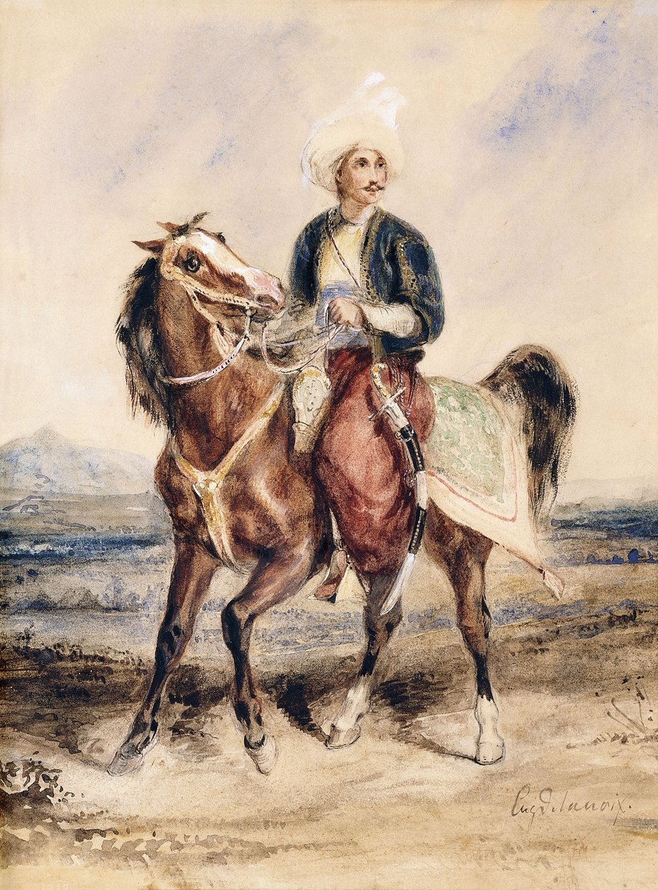 En arabisk kriger til hest i et landskab, af Ferdinand Victor Eugene Delacroix