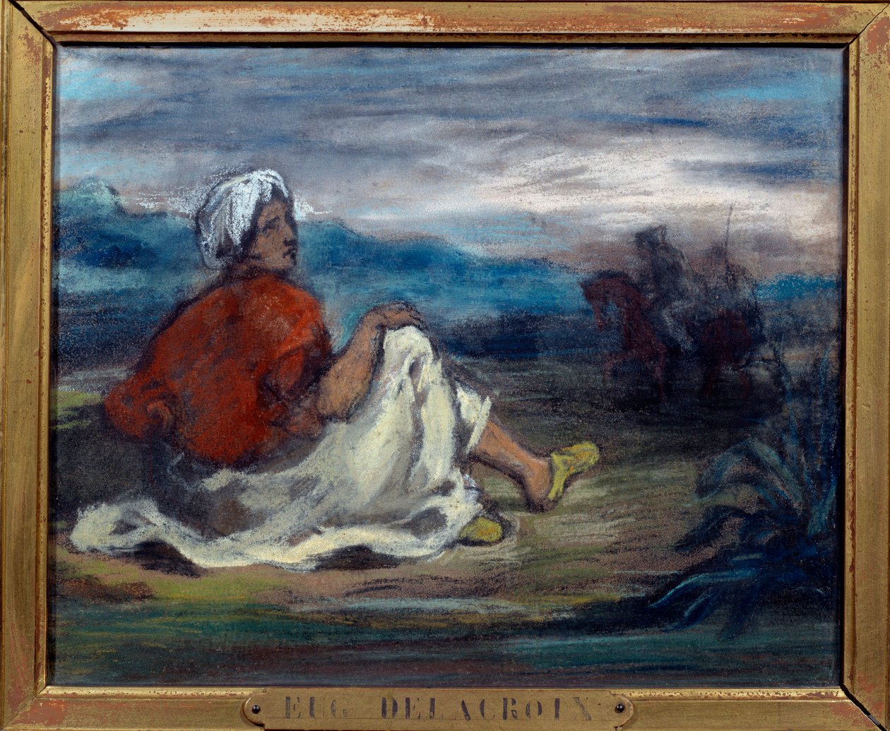 En araber, der sidder på landet på kanten af en vej Pastelmaleri af Eugene Delacroix (1798-1863) Privatsamling fra det 19. århundrede af Ferdinand Victor Eugene Delacroix