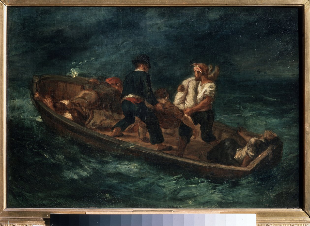 "Efter et skibbrud" (også kaldet "Forladte skibsvrag i en kano") Overlevende fra et skibsvrag på en tømmerflåde. Maleri af Eugene Delacroix (1798-1863) 1847 Pushkin Museum of Fine Arts, Moskva af Ferdinand Victor Eugene Delacroix