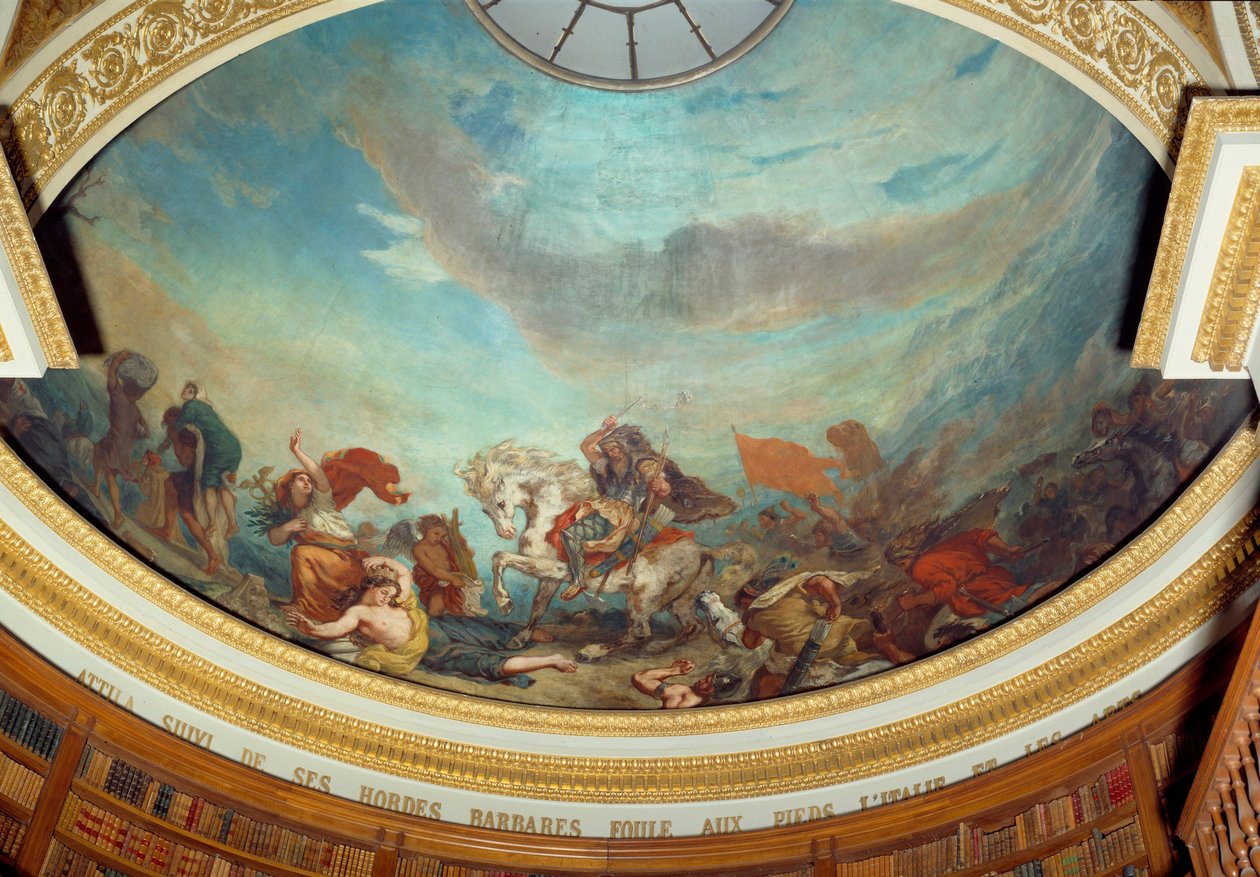 Attila (395-453) leder af Huns-stammen, efterfulgt af hans barbariske horder overfyldte Italien i 452 Fresco af Eugene Delacroix (1798-1863) dekorerede kuplen på Nationalforsamlingens bibliotek (Palais Bourbon) 1843 Paris af Ferdinand Victor Eugene Delacroix