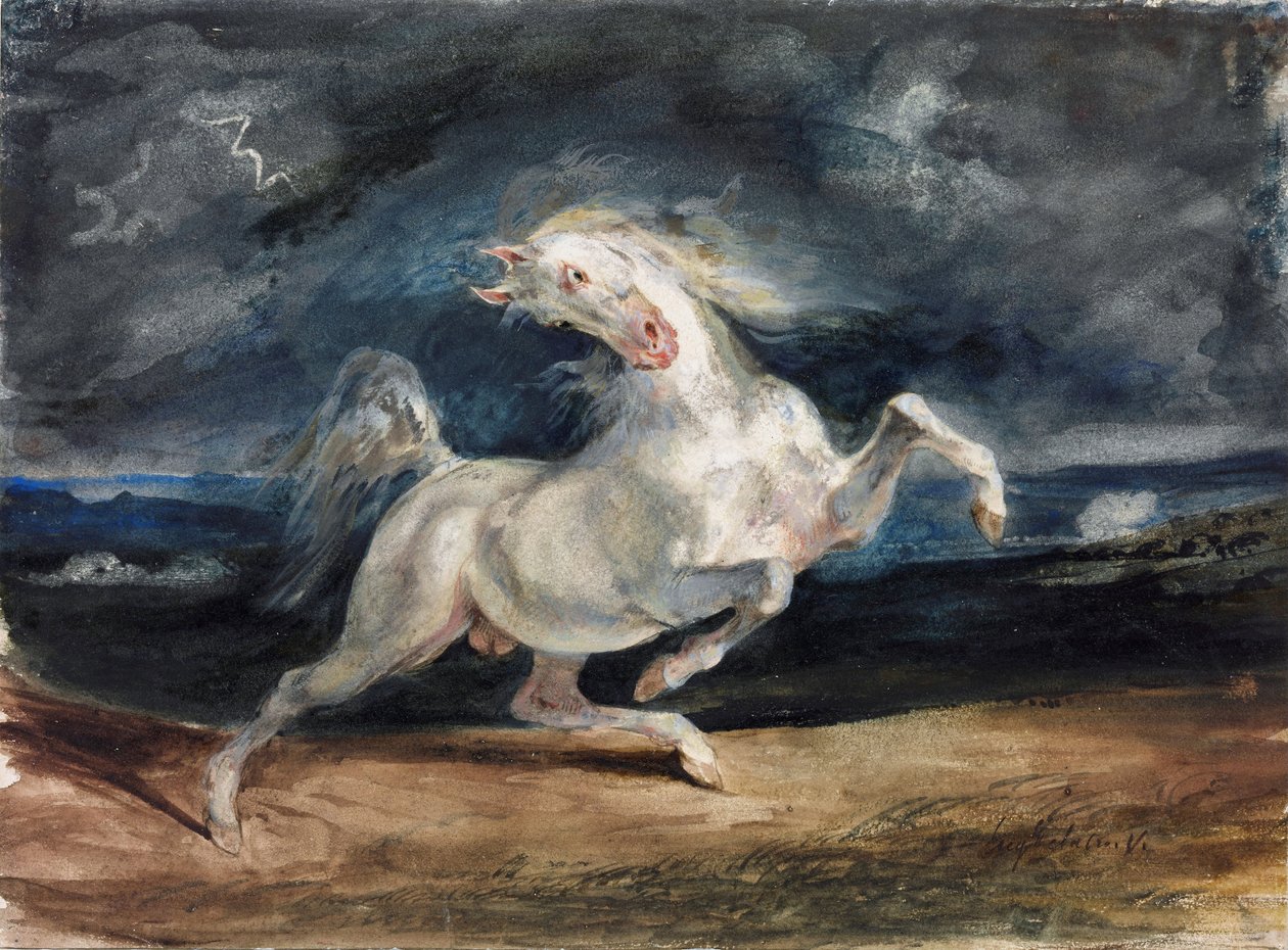 Cheval effraye par la foudre - Hest skræmt af lynet - Delacroix, Eugene (1798-1863) - 1825-1829 - Akvarel, Gouache på papir - 23,6x32 - Szepmuveszeti Muzeum, Budapest af Ferdinand Victor Eugene Delacroix