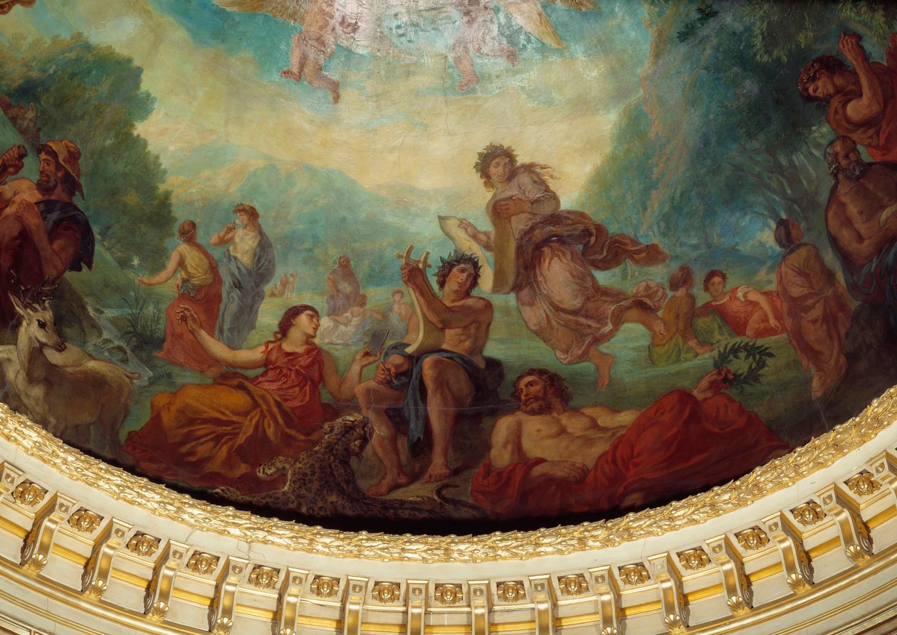 Nedstigning til Limbes: "" Orphee, Sapho (Sappho) til venstre og en muse"" Detalje af maleriet af Eugene Delacroix (1798-1863), der dekorerer kuplen på senatets bibliotheque, omkring 1845. Palais du Luxembourg, Paris af Ferdinand Victor Eugene Delacroix