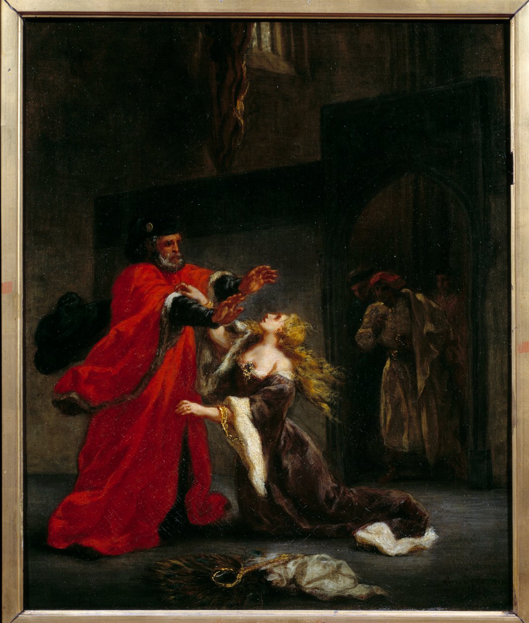 Desdemone forbandet af sin far (Brabantio). Illustration af William Shakespeares skuespil "Othello or the Moor of Venice"". Maleri af Eugene Delacroix (1798-1863) af Ferdinand Victor Eugene Delacroix