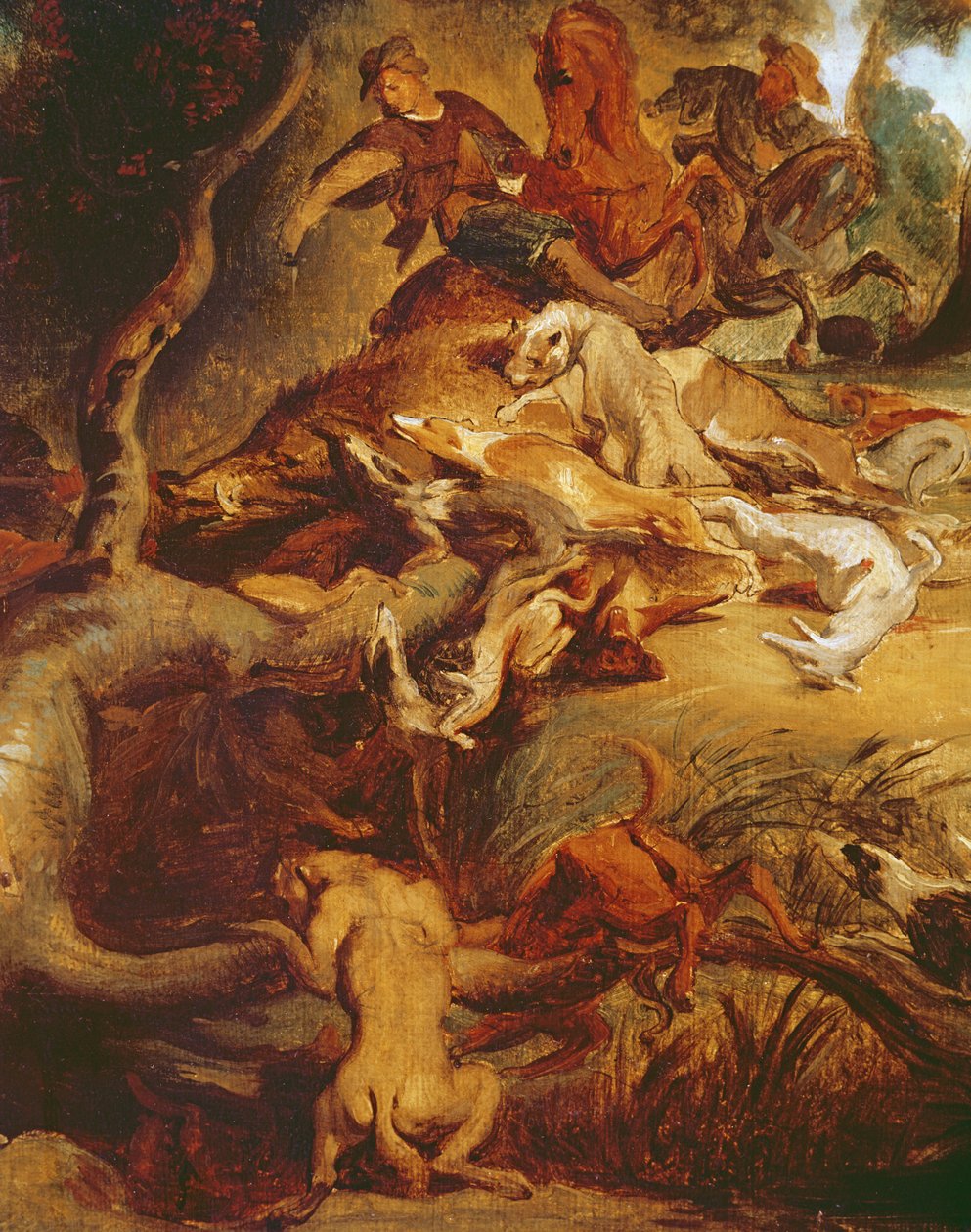 Detalje af Vildsvinejagten, efter et maleri af Rubens, ca. 1840-50 (se 203232) af Ferdinand Victor Eugene Delacroix