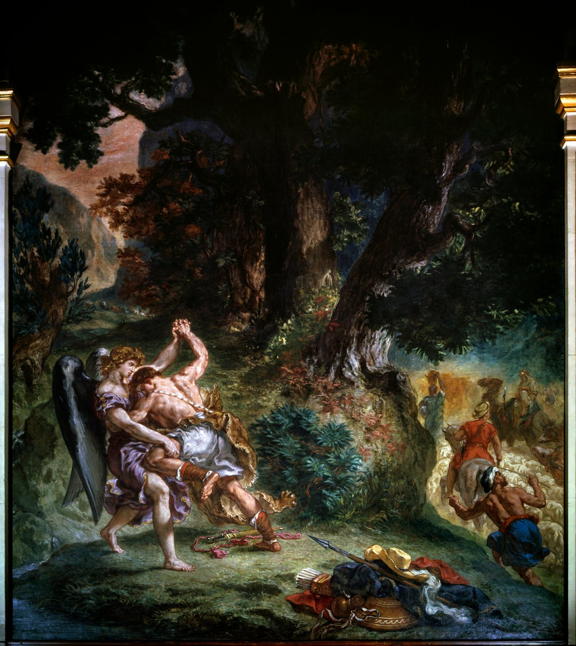 Kamp mellem Jakob og englen detalje fra 1860: Maleri af Eugene Delacroix (1798-1863) Church Saint Sulpice Paris. af Ferdinand Victor Eugene Delacroix