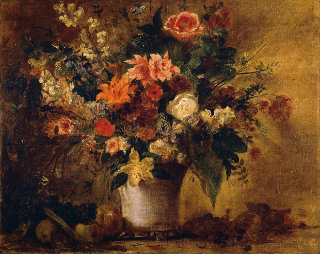 Blomster og frugt (olie på lærred) af Ferdinand Victor Eugene Delacroix