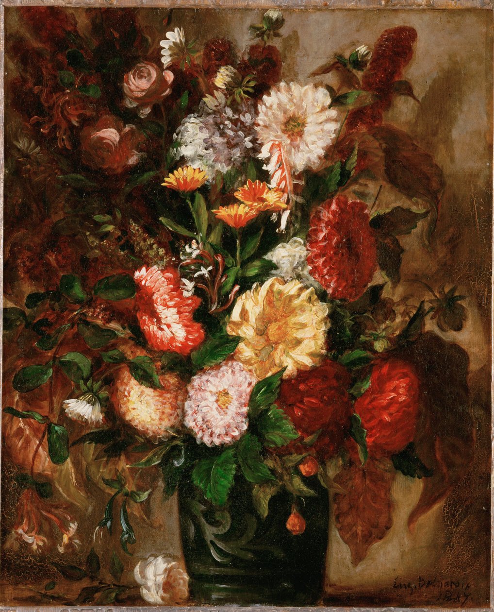 Blomster i en lerkrukke (maleri på lærred) af Ferdinand Victor Eugene Delacroix