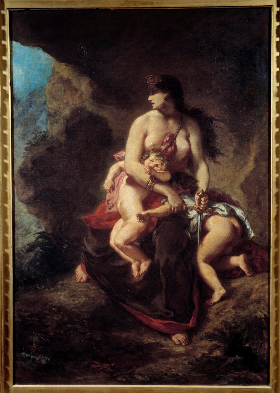 Rasende Medee Medee myrder sine to børn i en hule. Maleri af Eugene Delacroix (1798-1863) af Ferdinand Victor Eugene Delacroix