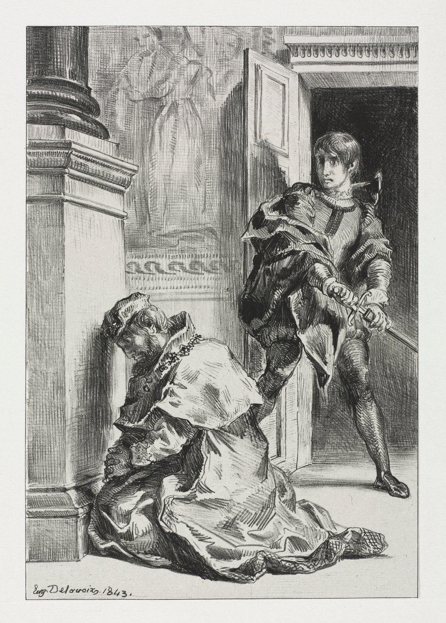 Hamlet: Hamlet forsøger at dræbe kongen, 1843. af Ferdinand Victor Eugene Delacroix