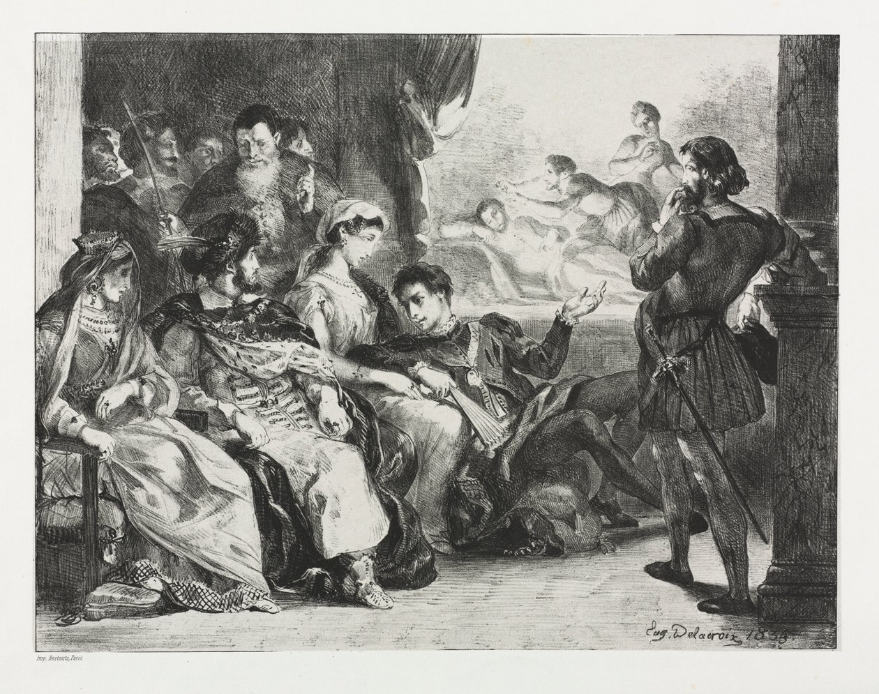 Hamlet: Hamlet befaler skuespillerne at lave en scene fra hans fars forgiftning, 1834. af Ferdinand Victor Eugene Delacroix