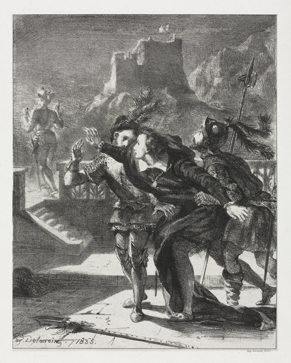 Hamlet: Hamlet skynder sig at følge sin fars spøgelse, 1835. af Ferdinand Victor Eugene Delacroix