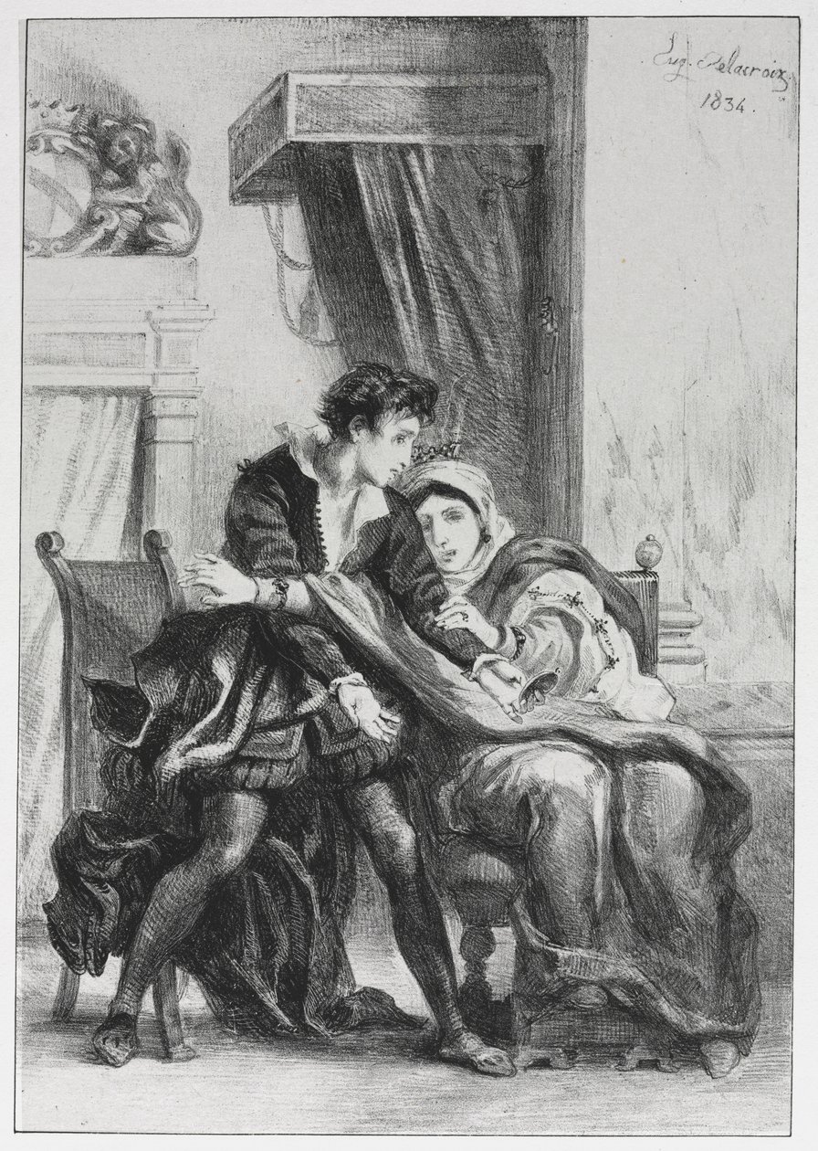 Hamlet: Hamlet og dronningen, 1834. af Ferdinand Victor Eugene Delacroix