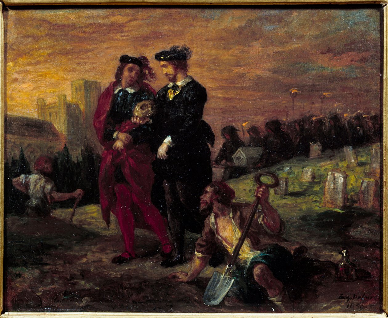 Hamlet og Horatio på kirkegården. V. akt af William Shakespeares skuespil "Hamlet". Maleri af Eugene Delacroix (1798-1863) Ec. Fr. af Ferdinand Victor Eugene Delacroix