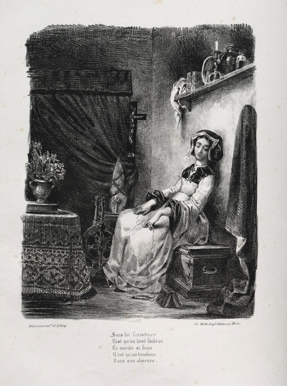 Illustrationer til Faust: Marguerite med hjulet, 1828. af Ferdinand Victor Eugene Delacroix