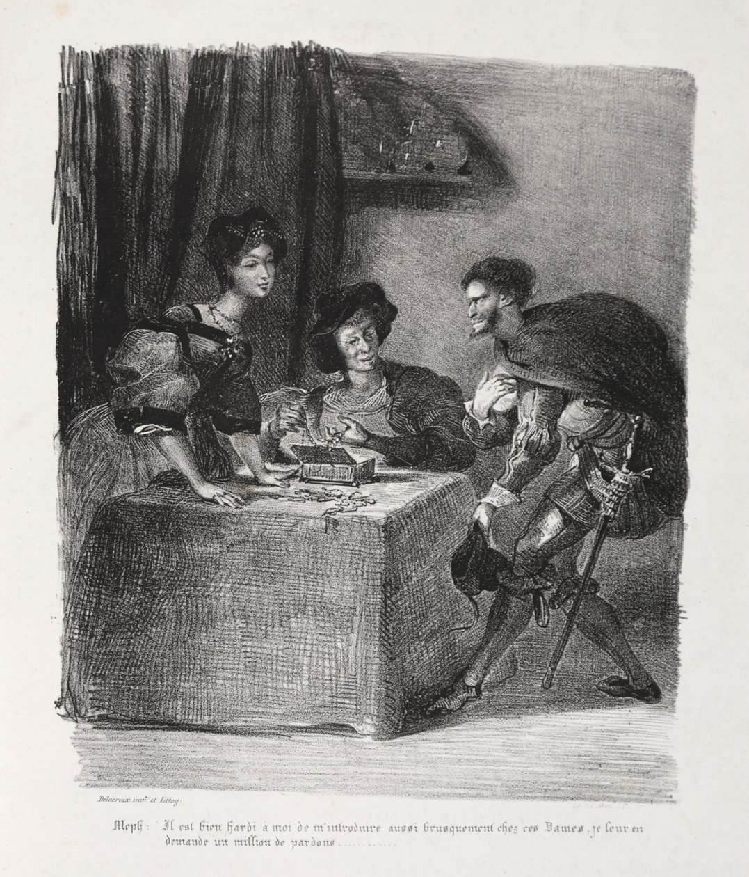 Illustrationer til Faust: Méphistophelés er hos Marthe, 1828. af Ferdinand Victor Eugene Delacroix