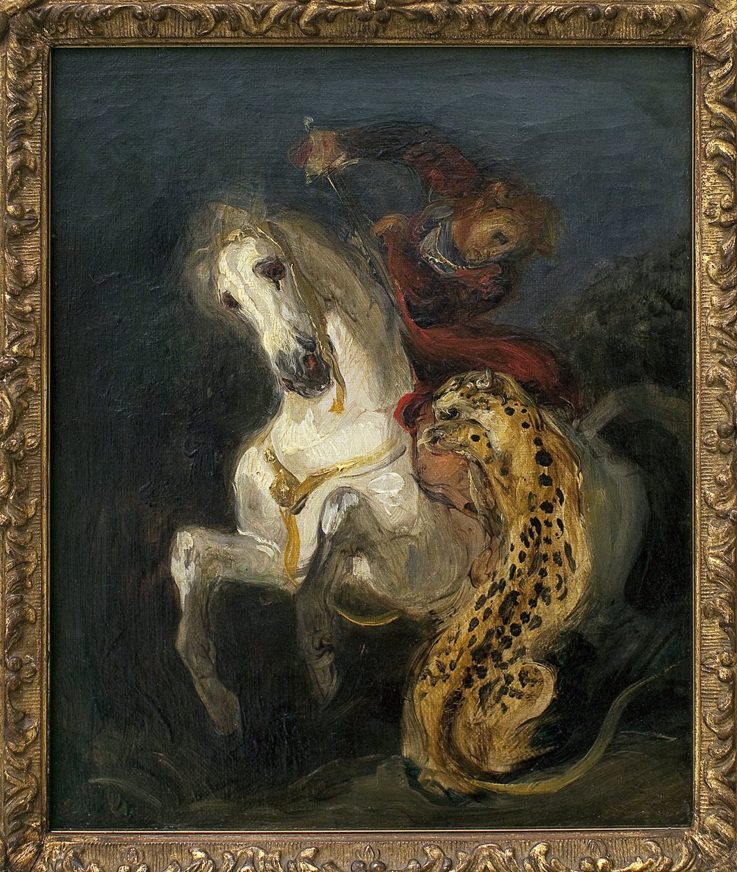 Jaguar angriber en rytter. Maleri af Eugene Delacroix (1798-1863), Olie på lærred af Ferdinand Victor Eugene Delacroix