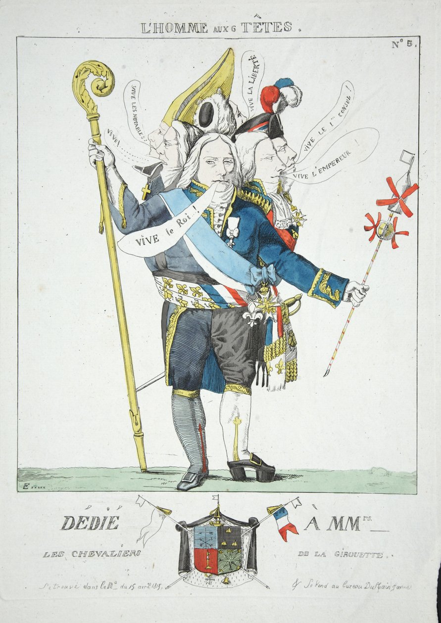 LHomme aux 6 Tetes, pub. 1815 (håndfarvet gravering) af Ferdinand Victor Eugene Delacroix