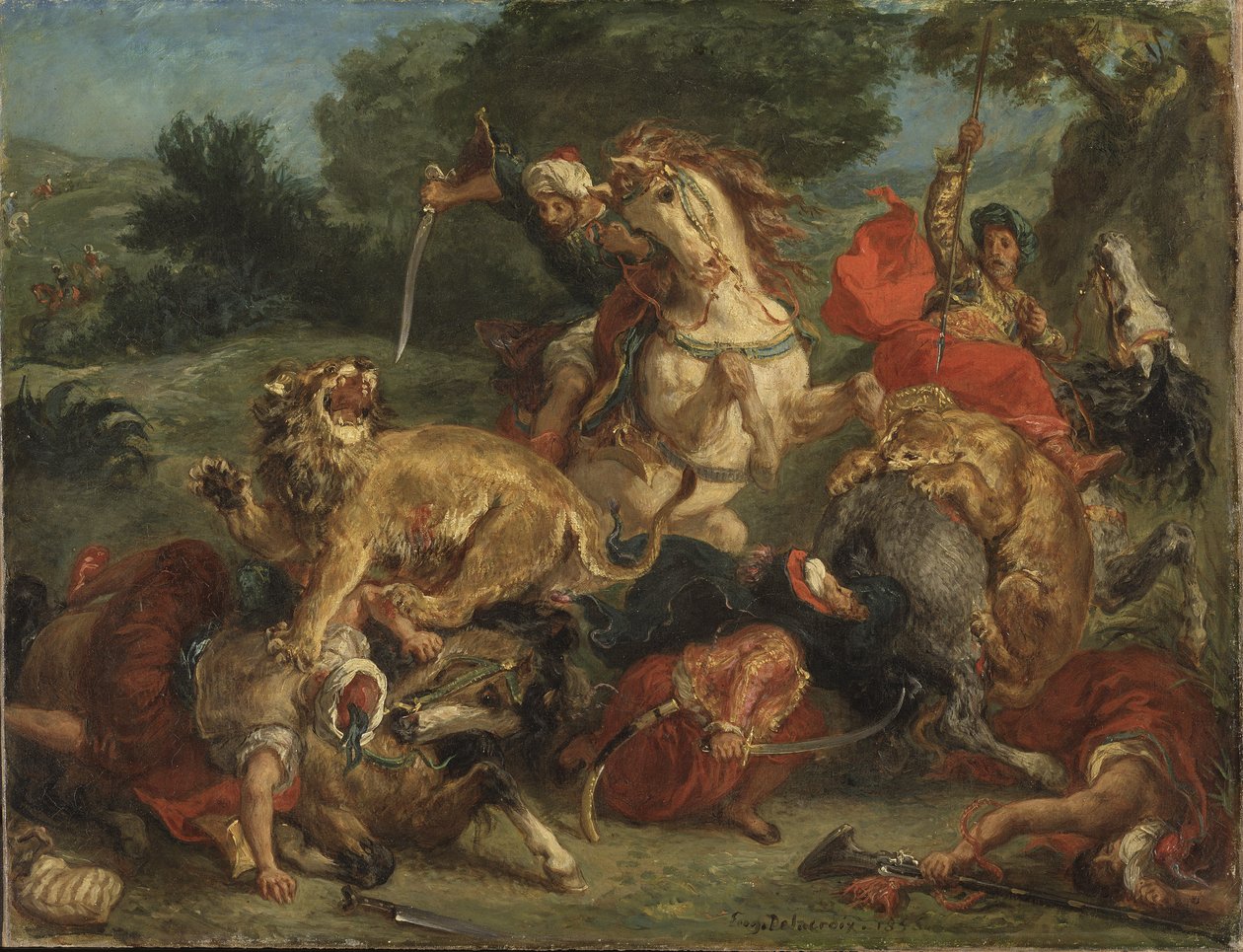 La chasse au lion - Løvejagten, af Delacroix, Eugene (1798-1863). Olie på lærred af Ferdinand Victor Eugene Delacroix