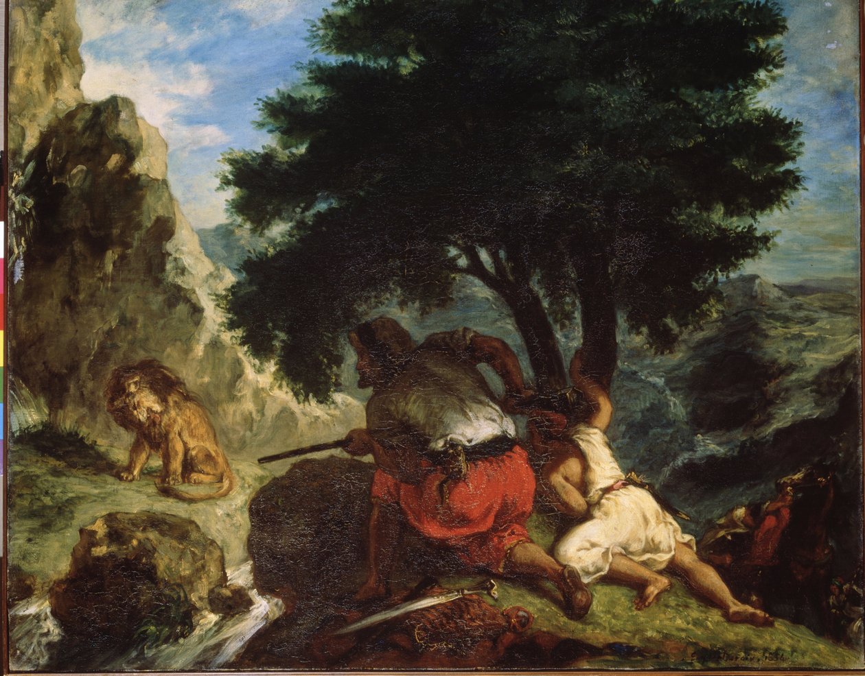 ""Løvejagten i Marokko"" (Løvejagten i Marokko) Maleri af Eugene Delacroix (1798-1863) 1854 Orientalisme Mål. 74x92 cm Eremitagemuseet, Sankt Petersborg af Ferdinand Victor Eugene Delacroix
