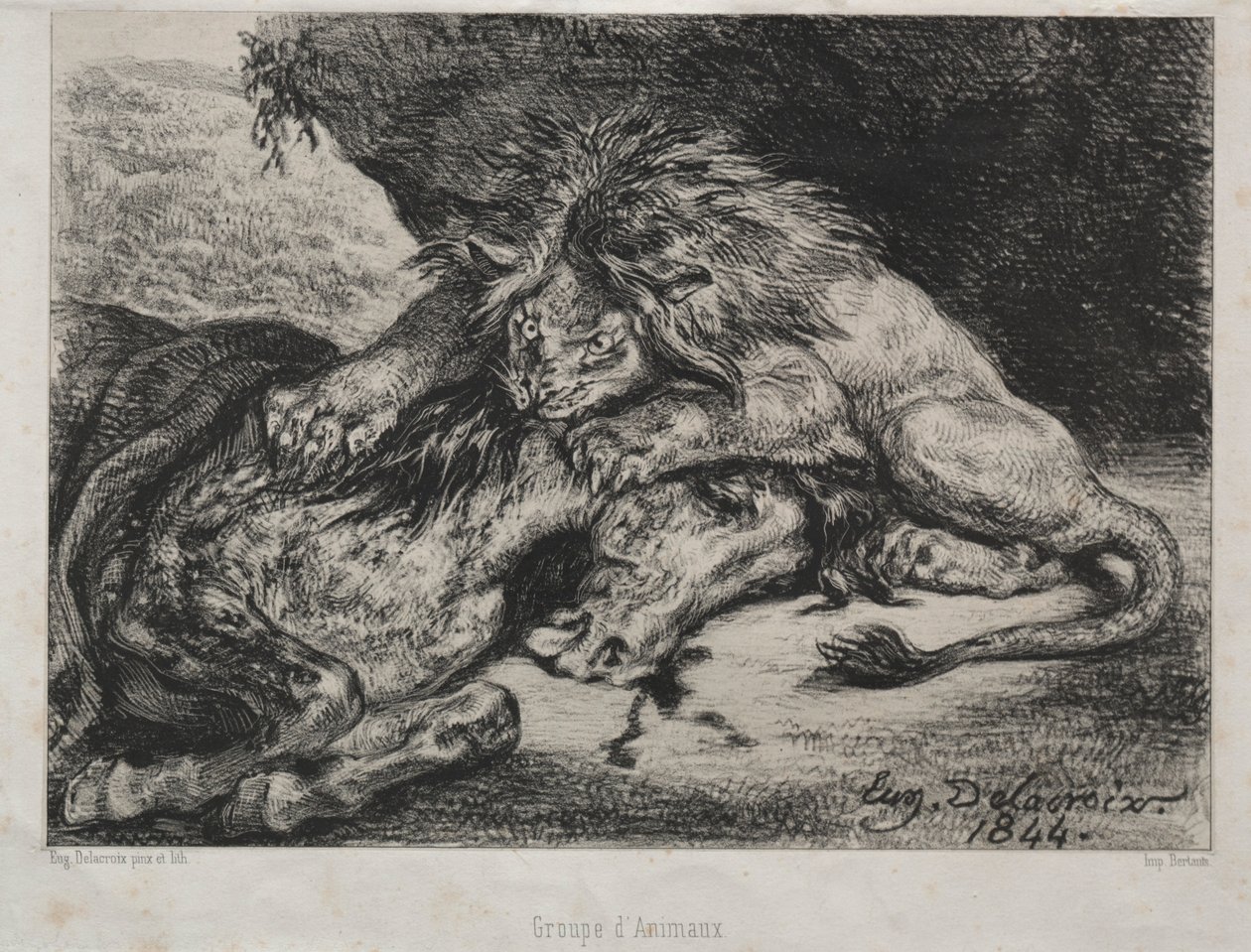 Løve fortærer en hest, 1844. af Ferdinand Victor Eugene Delacroix
