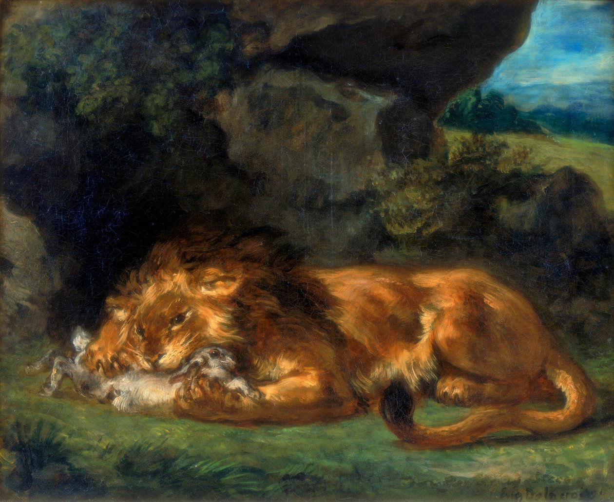 Løve fortærer en kanin, 1800-tallet af Ferdinand Victor Eugene Delacroix