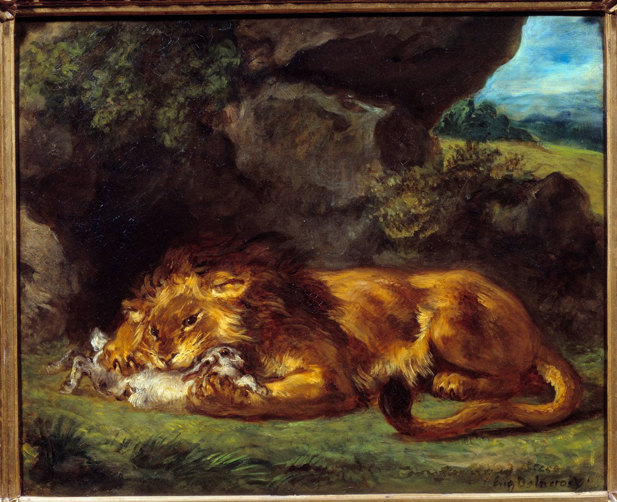 Løve slår en kanin. Maleri af Eugene Delacroix (1798-1863) af Ferdinand Victor Eugene Delacroix