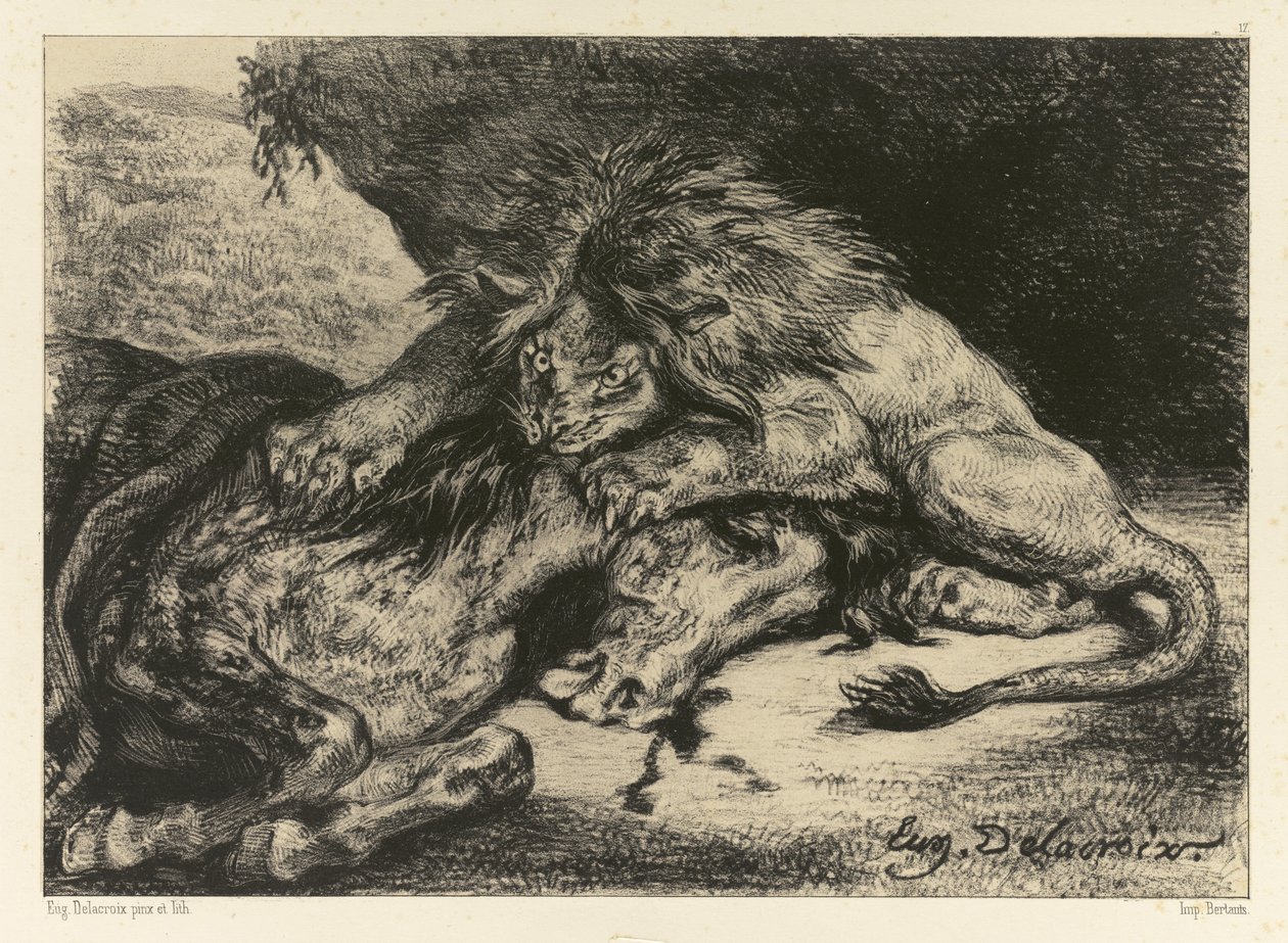 Løve fortærer en hest, 1844 af Ferdinand Victor Eugene Delacroix