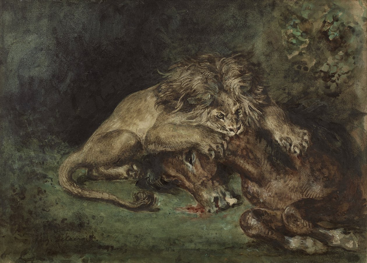 Lion dévorant un cheval (Løve fortærer en hest), ca. 1844 (akvarel, kropsfarve og gummi arabisk med grafit på papir, monteret på bord) af Ferdinand Victor Eugene Delacroix