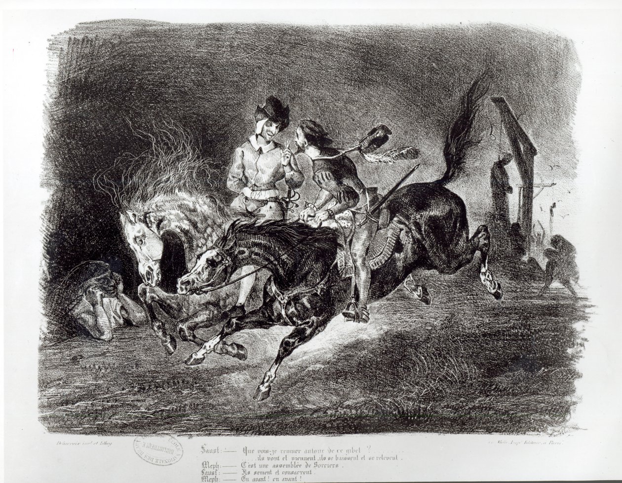 Mephistopheles og Faust rider i natten, Illustration til Faust af Goethe, 1828 af Ferdinand Victor Eugene Delacroix