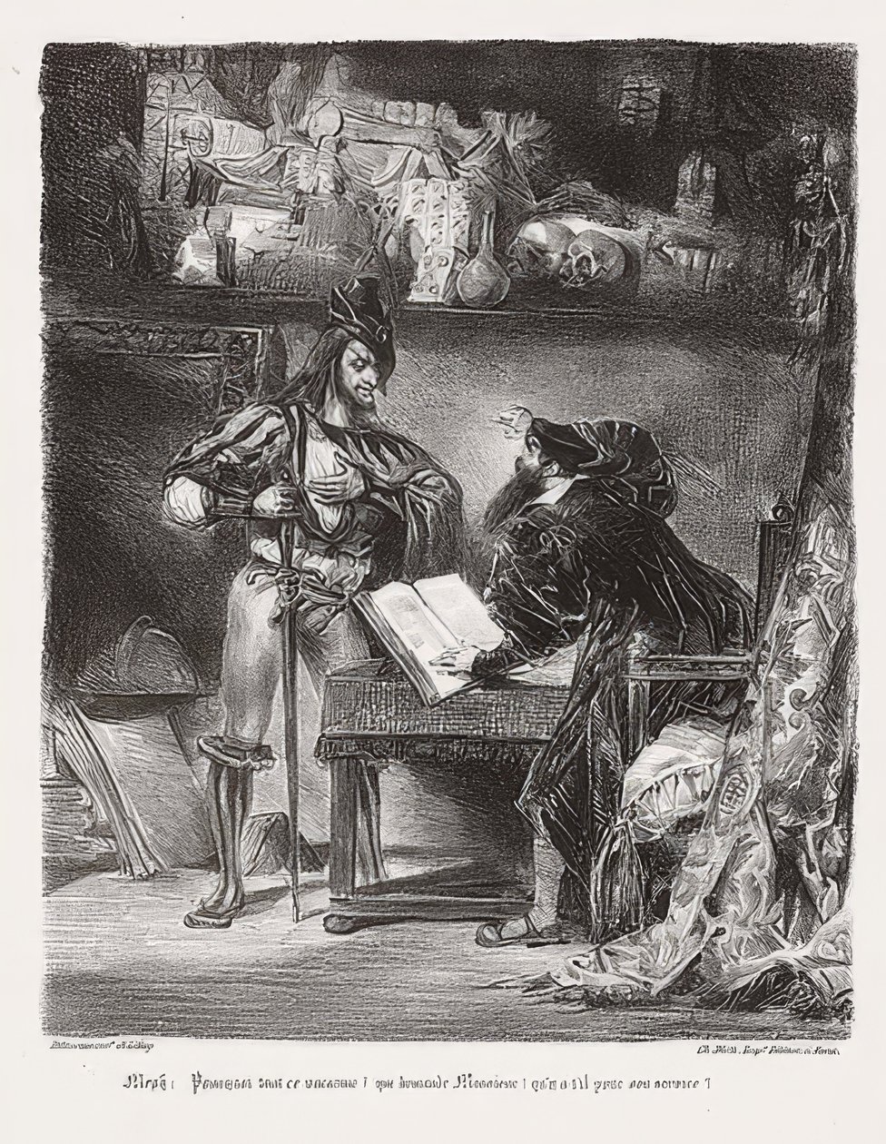 Mephistopheles optræder i Faust (Mephisto optræder Faust). 1828 af Ferdinand Victor Eugene Delacroix