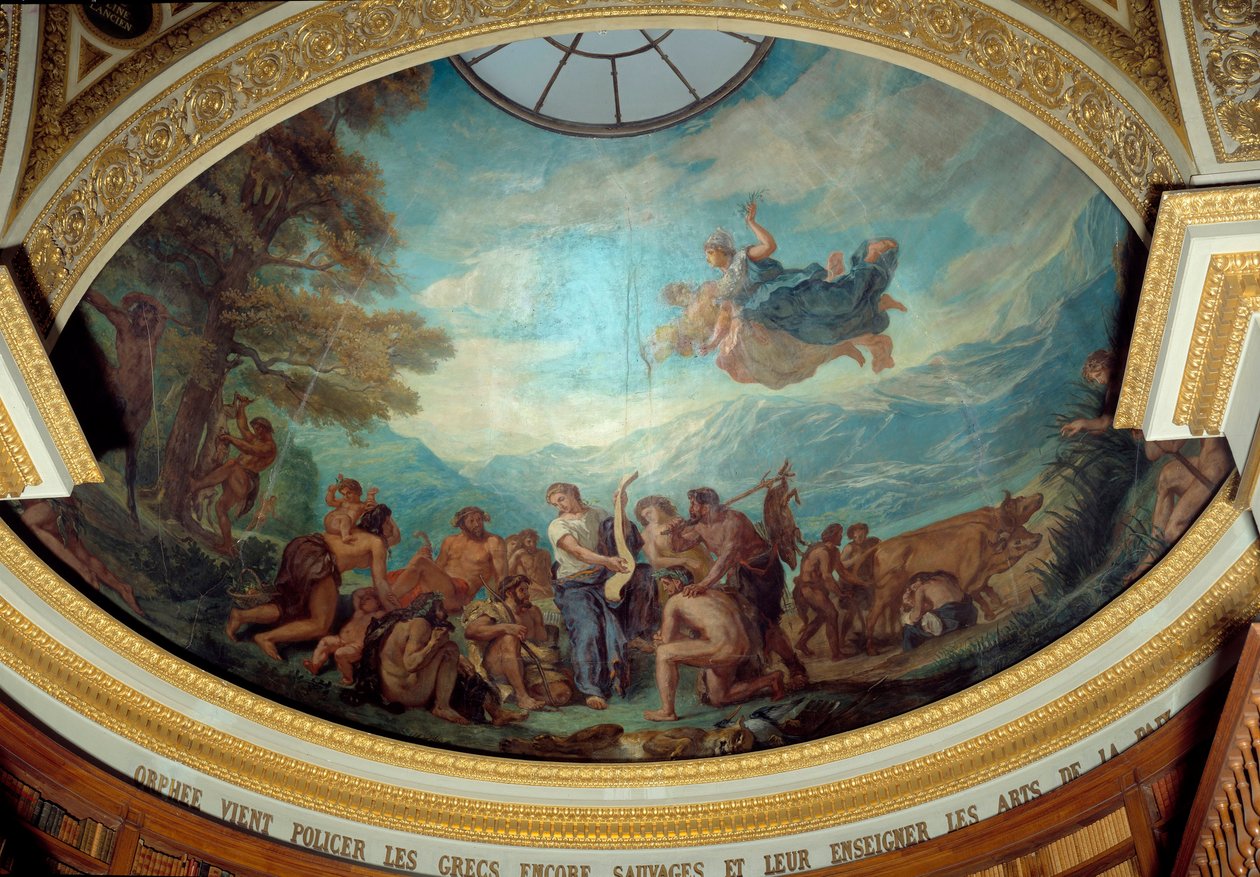 Orphee kommer for at politie de stadig vilde grækere og undervise i fredens kunst Fresco af Eugene Delacroix (1798-1863) dekorere kuplen på Nationalforsamlingens bibliotek (Palais Bourbon) 1843 Paris af Ferdinand Victor Eugene Delacroix