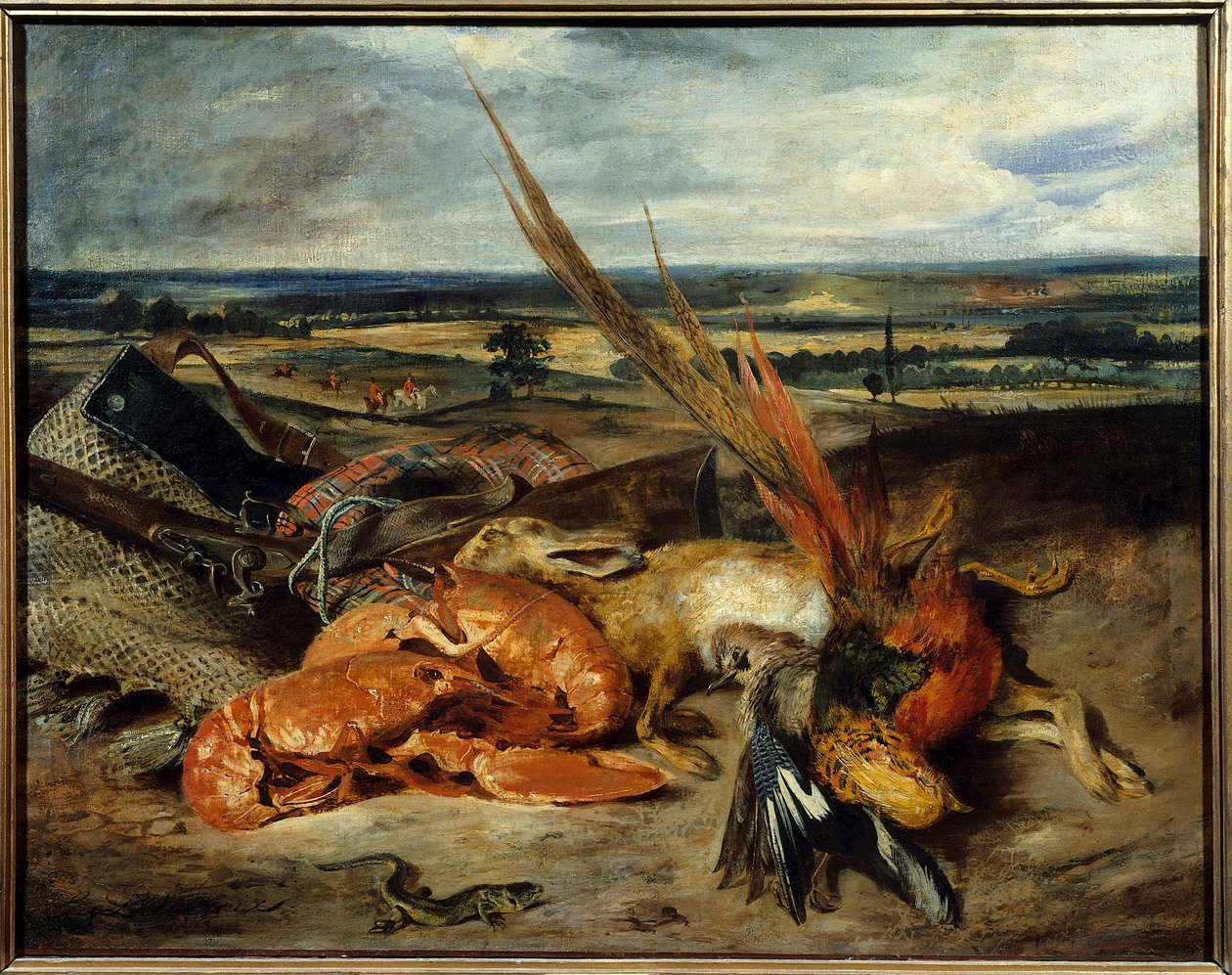 Maleri af stilleben med hummer og trofæer for jagt og fiskeri Maleri af Eugene Delacroix (1798-1863) 1827 Søn. 0,80 x 1,06 m Paris. Louvre-museet af Ferdinand Victor Eugene Delacroix