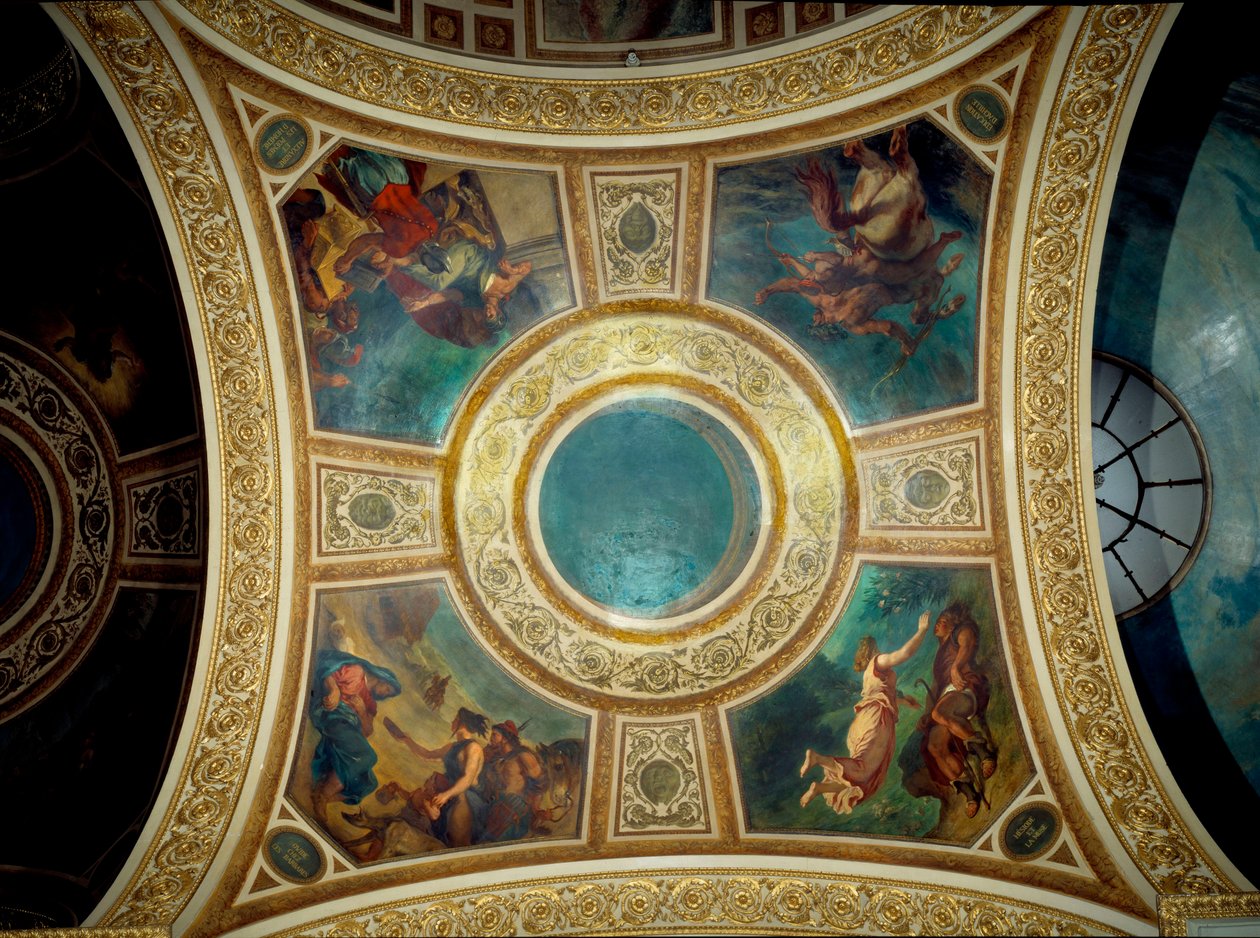 Poesi: Ovid blandt barbarerne, Alexander og Homeres digte, uddannelse af Achilleus, den græske digter Hesiode og musen"" Maleri af Eugene Delacroix (1798-1863), der dekorerer den femte kuppel på Nationalforsamlingens bibliotek, omkring 1846 Palais af Ferdinand Victor Eugene Delacroix