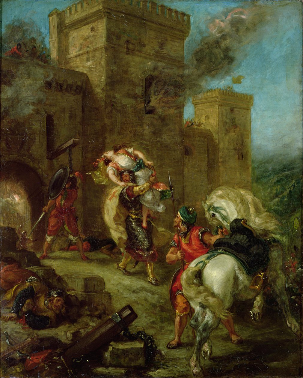 Rebecca kidnappet af tempelridderen, Sir Brian de Bois-Guilbert af Ferdinand Victor Eugene Delacroix