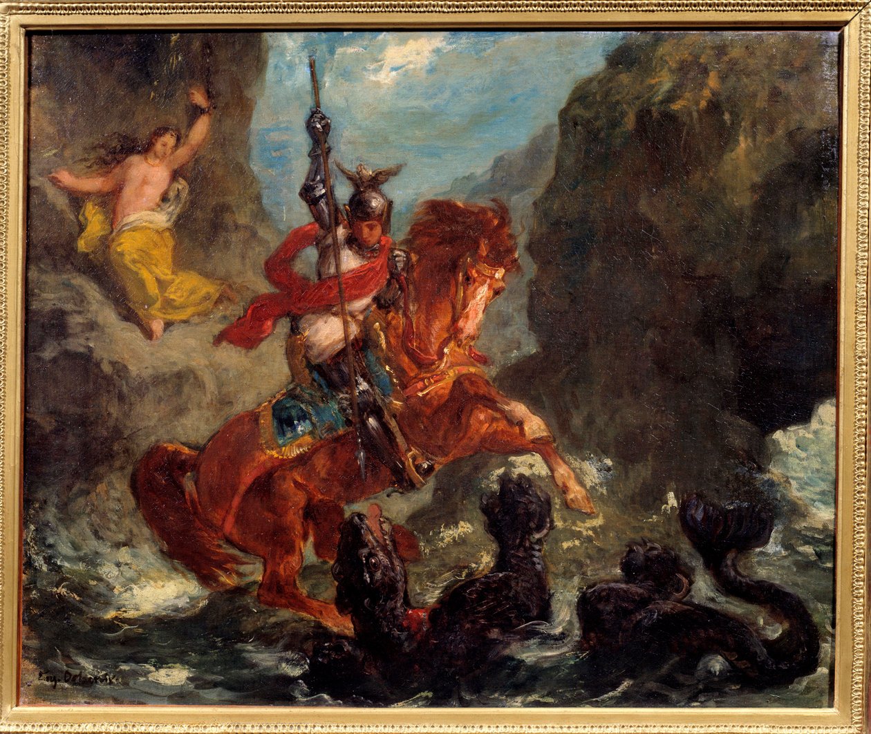 Roger delivrant Angelique (Angelica) leveret til et monster af pirater bliver befriet af Roger (Ruggero, Ruggiero) rider på en hippogriffe - Illustration til "The Furious Roland"" (Orlando Furioso) af Ludovic Ariosto (Arioste) - Maleri af Eugene Delacroix  af Ferdinand Victor Eugene Delacroix