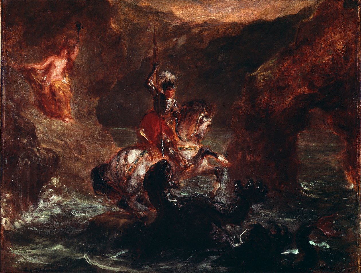 Saint George Killing the Dragon Maleri af Eugene Delacroix (1798-1863) 1847 Søn. 28x36 cm Paris, Musée du Louvre af Ferdinand Victor Eugene Delacroix