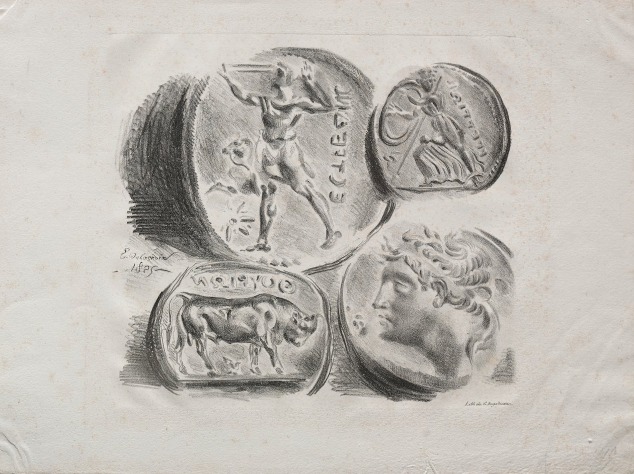 Ark med fire antikke medaljer, 1825. af Ferdinand Victor Eugene Delacroix