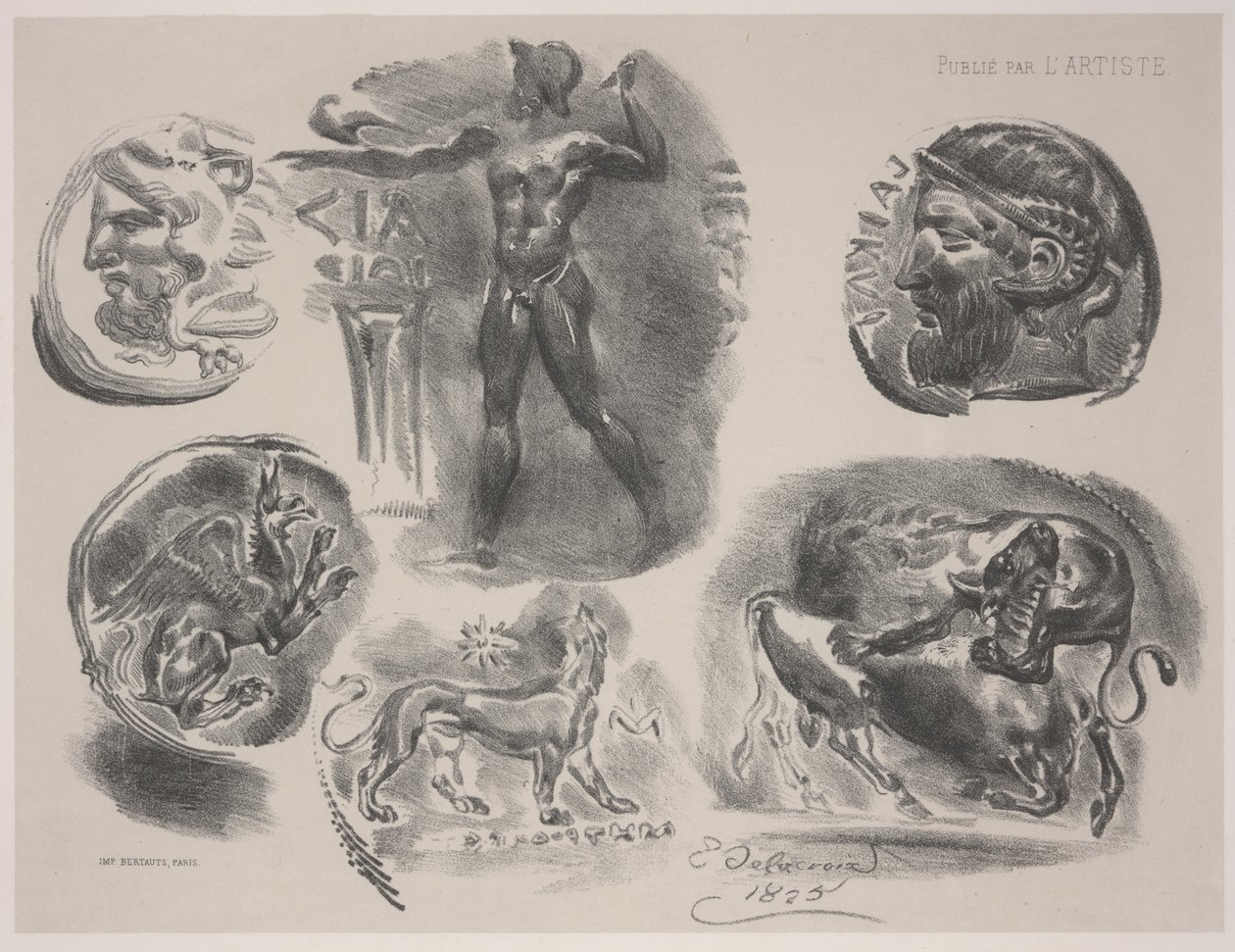 Ark med seks gamle medaljer af Ferdinand Victor Eugene Delacroix
