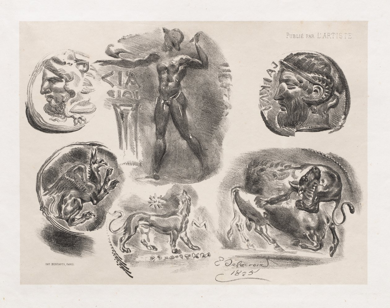 Ark med seks antikke mønter, 1825. af Ferdinand Victor Eugene Delacroix