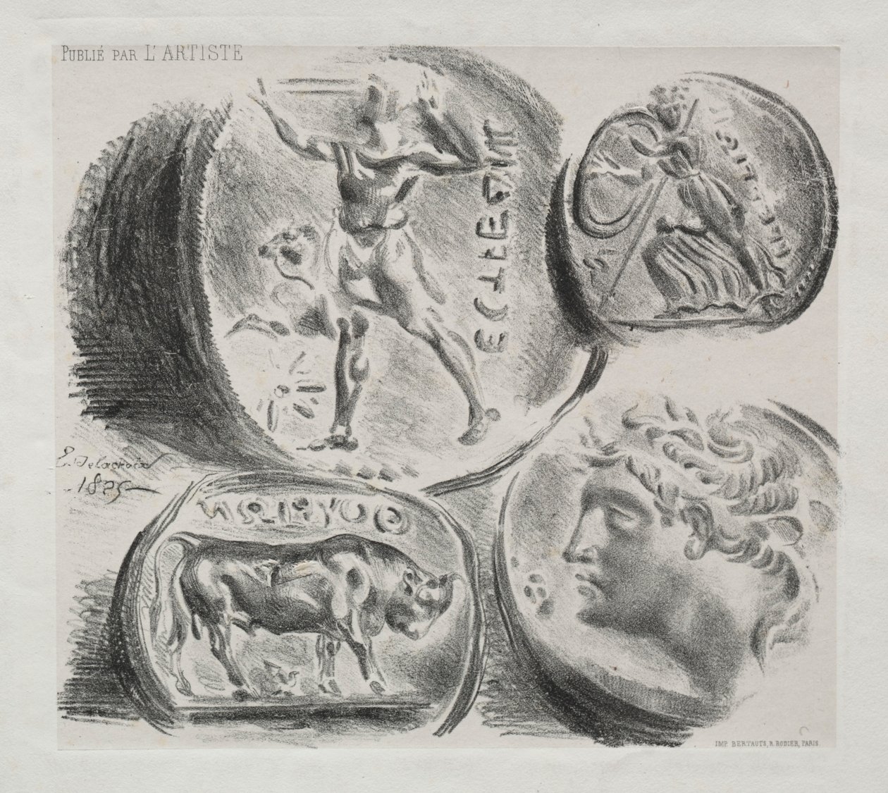 Ark med fire antikke medaljer, 1825. af Ferdinand Victor Eugene Delacroix