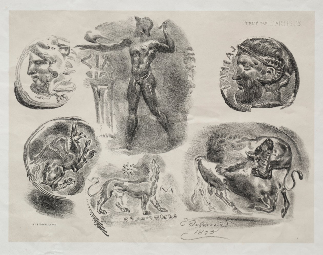 Ark med seks antikke medaljer, 1825. af Ferdinand Victor Eugene Delacroix