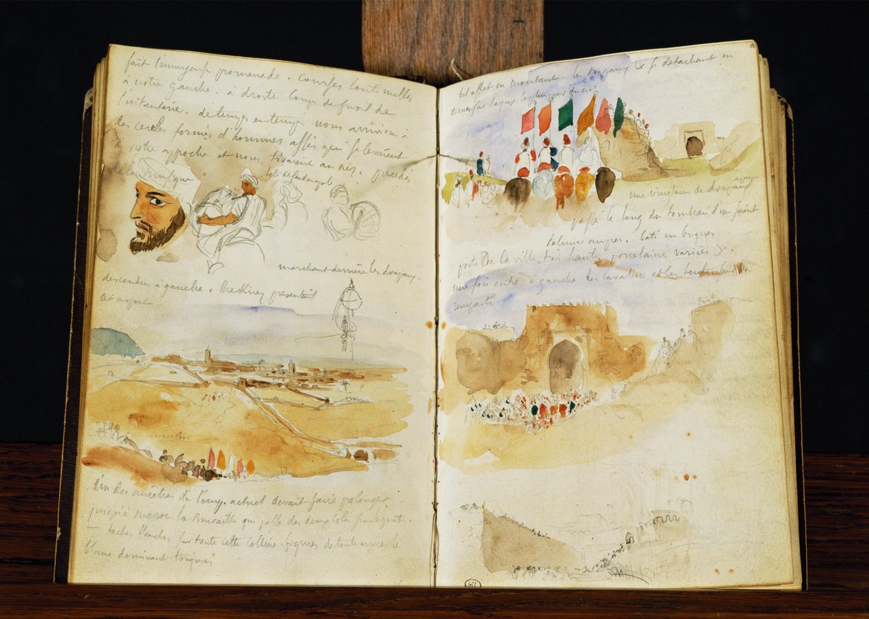 Skitser af arabere, landskaber i Marokko, arabiske folkemængder, porten til Meknes og håndskrevne noter ... af Ferdinand Victor Eugene Delacroix