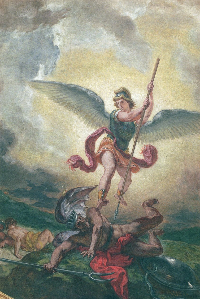 St. Michael kæmper mod dragen, detalje, chapelle des Saints-Anges 1849-1861 (olie og voks på gips) af Ferdinand Victor Eugene Delacroix