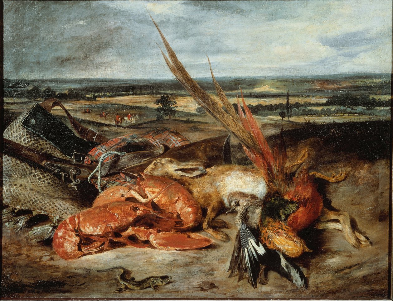 Stilleben med hummer og trofæer af jagt og fiskeri - olie på lærred af Ferdinand Victor Eugene Delacroix