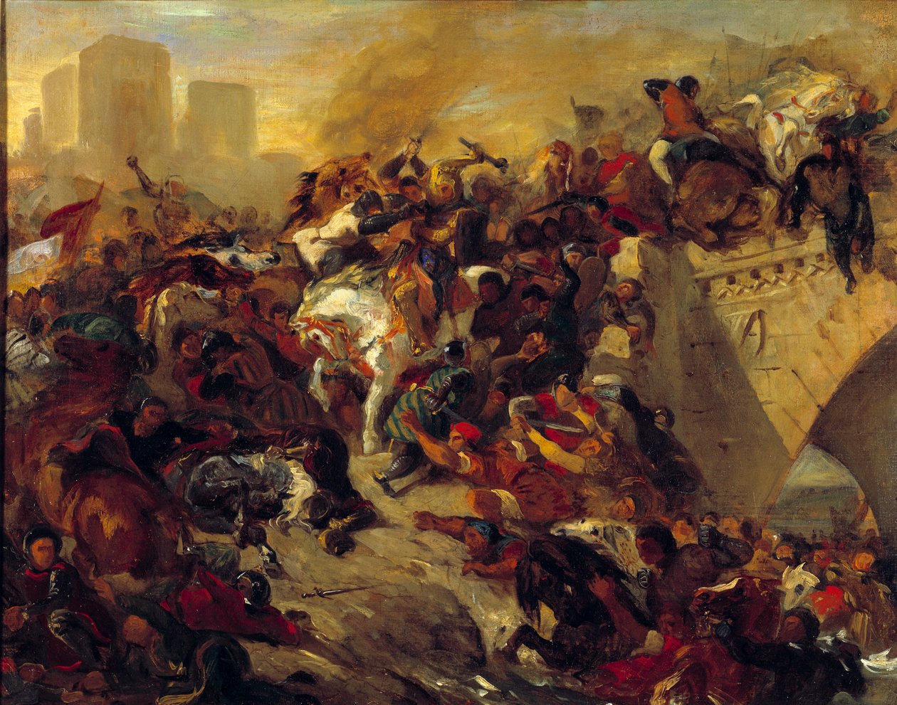 Slaget ved Taillebourg vundet af Saint Louis den 21. juli 1242. Taillebourg, en strategisk passage mellem det nordlige Frankrig og det sydlige, ved broen bygget over Charente, modsætter sig de capetiske tropper fra kongen af Frankrig Saint Louis og hans br af Ferdinand Victor Eugene Delacroix