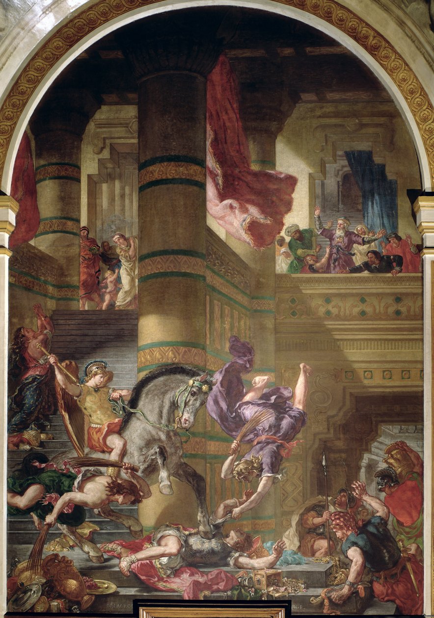 Uddrivelsen af Heliodorus fra templet, 1853-63 (olie og voks på gips) af Ferdinand Victor Eugene Delacroix