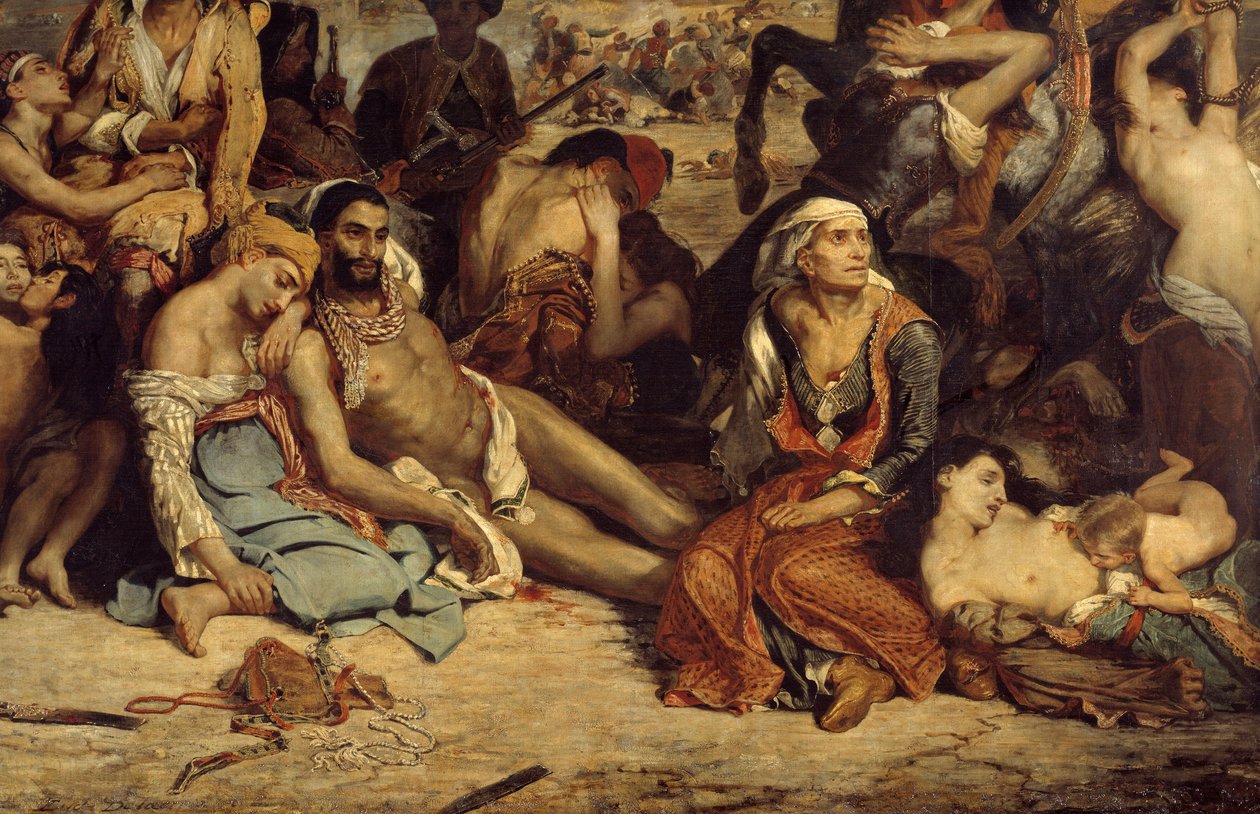 Scio-massakrerne. Scene, der skildrer den græske uafhængighedskrig mod osmannerne: Græske civile afventer død eller slaveri. Detalje. Maleri af Eugene Delacroix (1798-1863) af Ferdinand Victor Eugene Delacroix