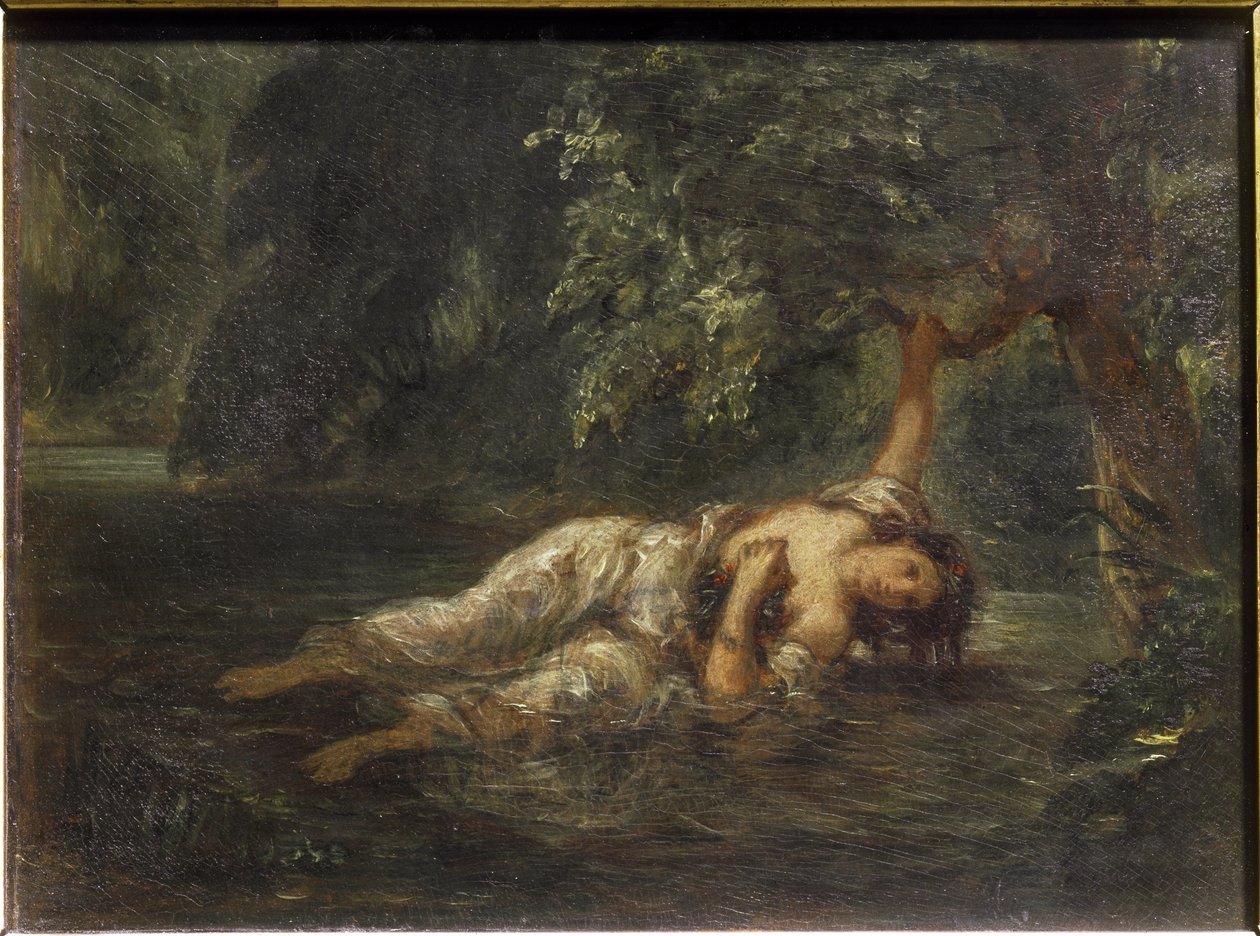 Ophelies død - olie på lærred af Ferdinand Victor Eugene Delacroix